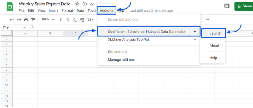 Coefficient app shown after clicking “add-ons” button in Google Sheets