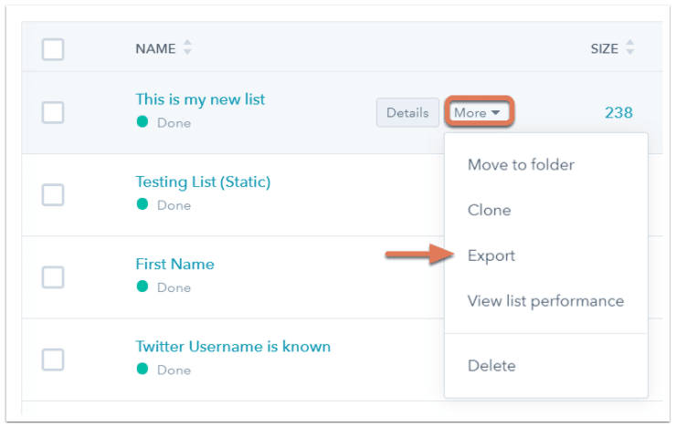 The Export URL link is shown when you click on your selected list.