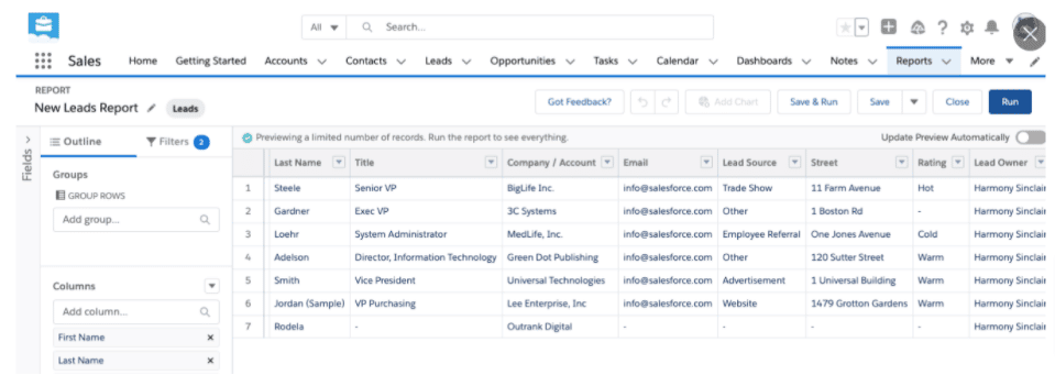 Sample Salesforce report that shows leads