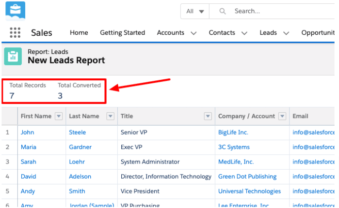 Salesforce shows the total records and the total number of converted leads