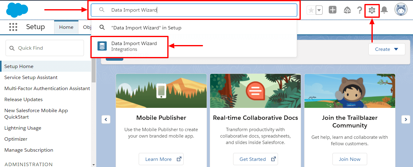 The search box from Salesforce showing the data import wizard integration