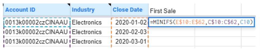 The Account ID, Industry, and Close Date cells and formula to calculate the First Sale.
