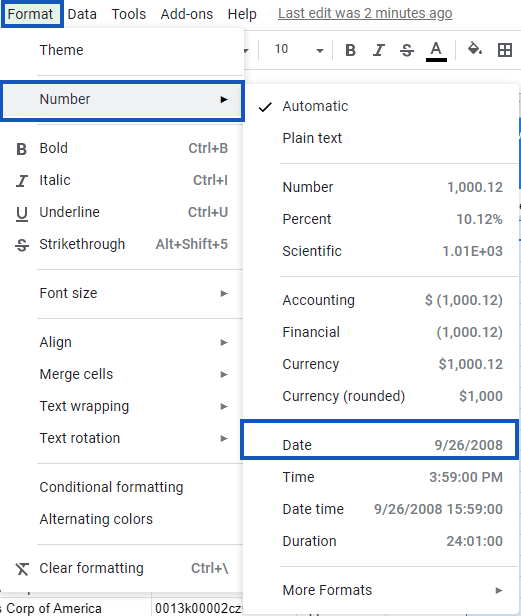 The number and date options under the Format tab.