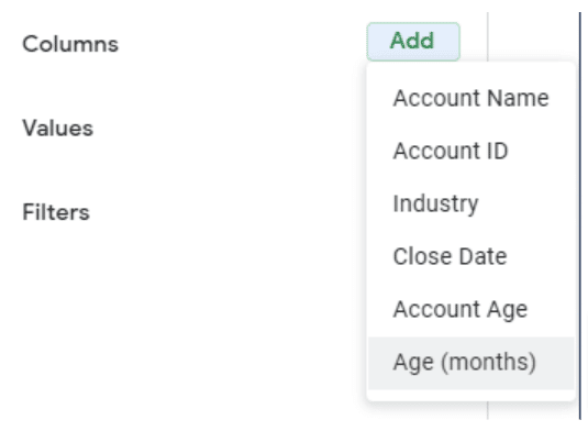 The Add dropdown options beside Columns.