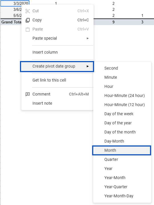 The right-click drop-down and create pivot date group options.