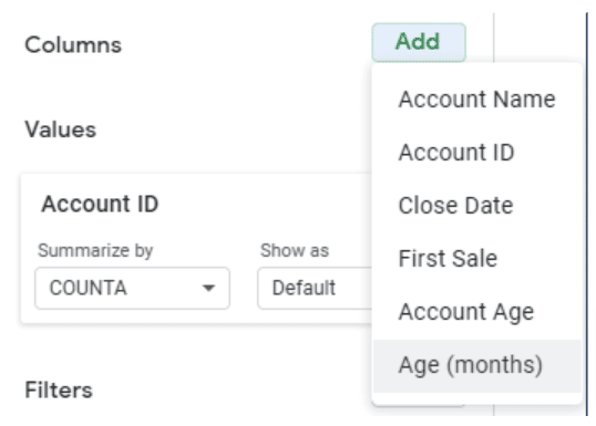 The Add dropdown options beside Columns.