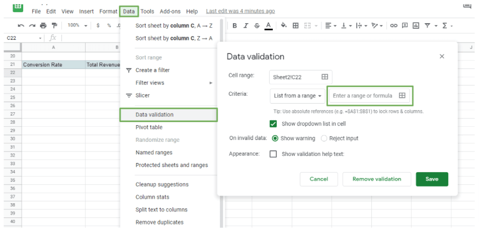 The Data tab dropdown menu and the Data validation option.