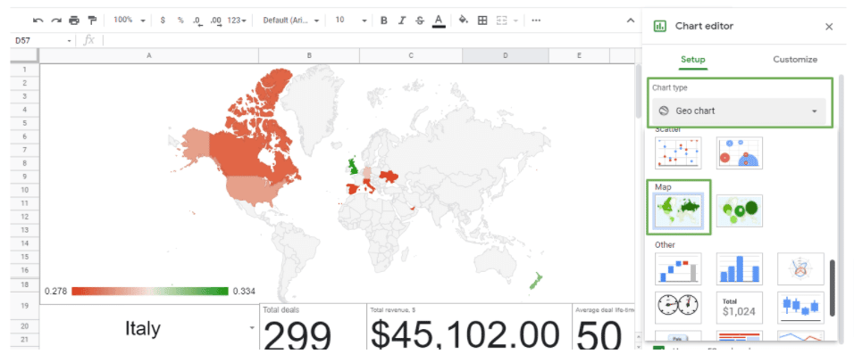 A Geo chart and the chart editor pane.