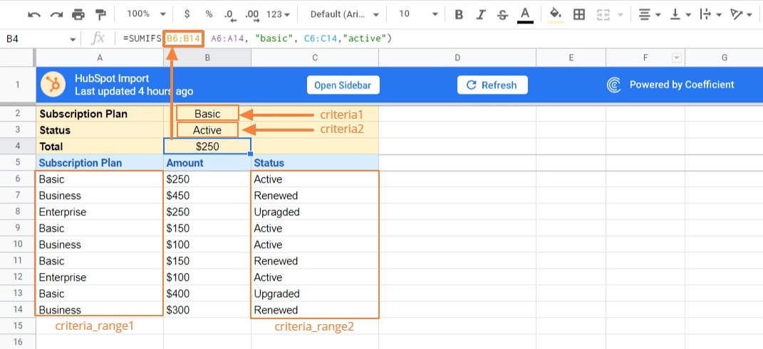 sumifs criteria range