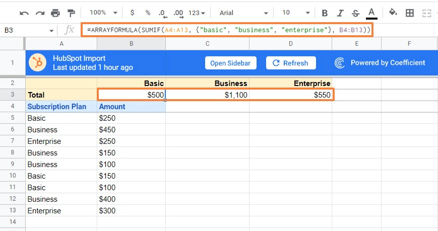 arrayformula sumifs google sheets