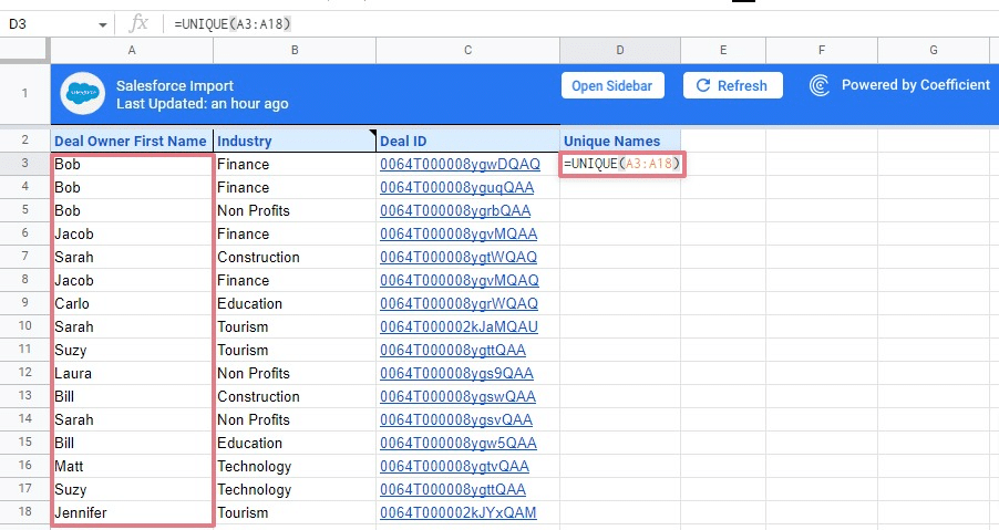 UNIQUE function google sheets