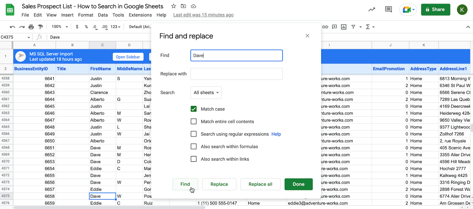 match case search google sheets