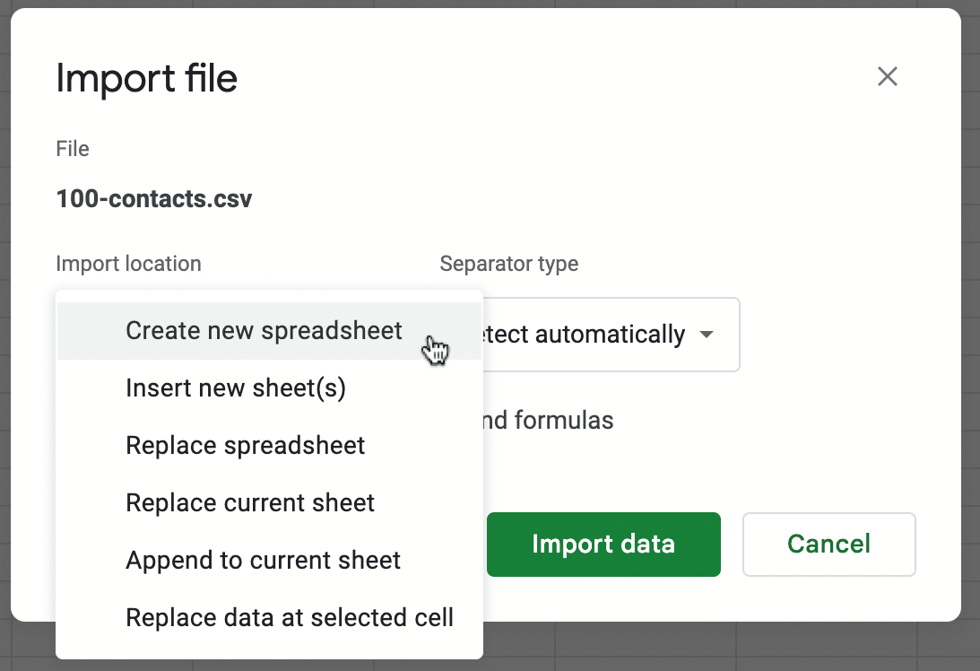 create new spreadsheet csv upload google sheets