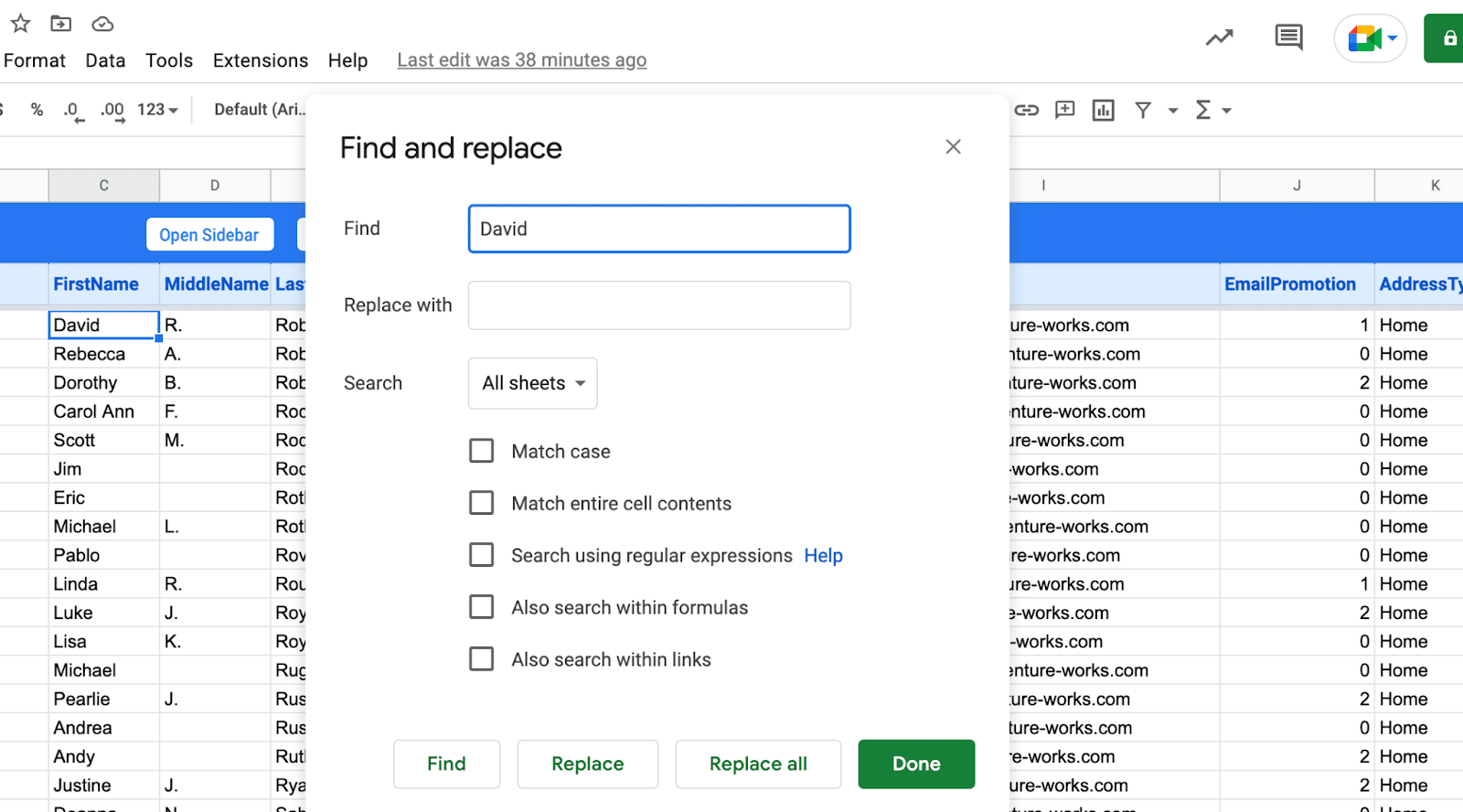 find text google sheets