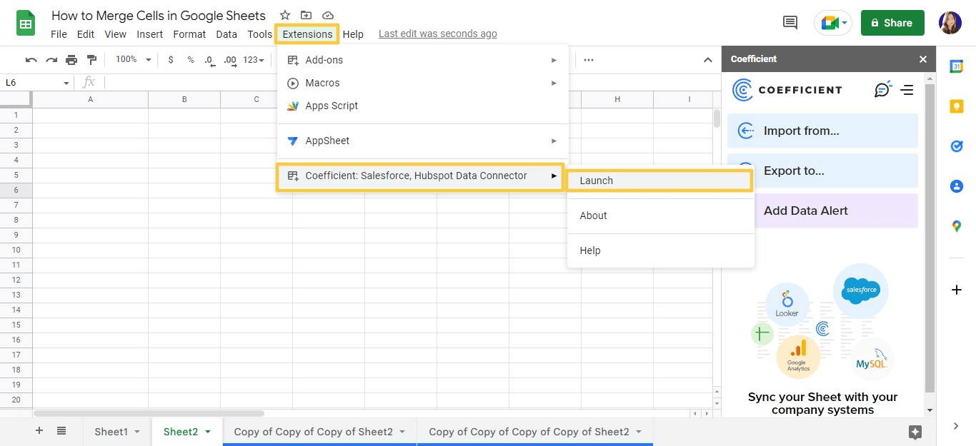Connect your HubSpot account to Coefficient, and then follow the prompts to import the dataset you want. Your data will auto-populate in Google Sheets in seconds.