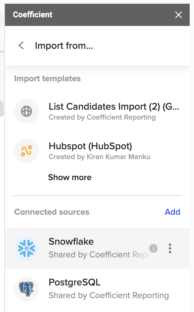 select snowflake to import data into google sheets