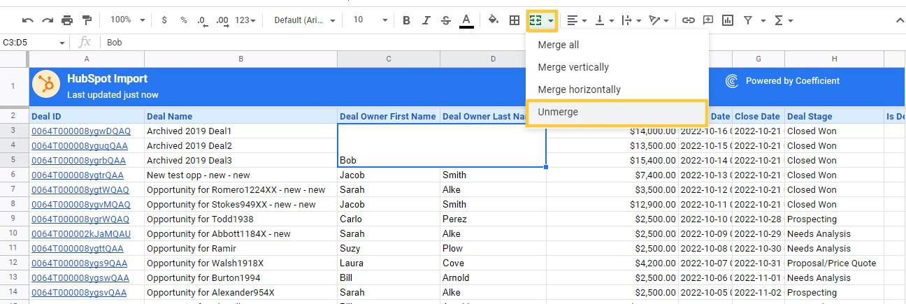The unmerge option moves the value in your merged cells to the top, leftmost cell of your selected data range.