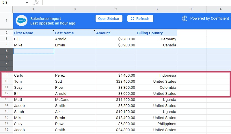 Inserting rows in Google Sheets insert menu.