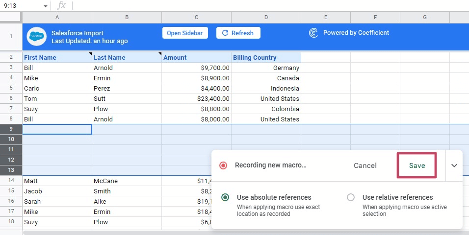 Save macro Google Sheets