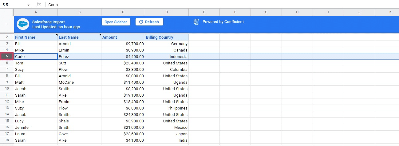 Selecting a row header in Google Sheets.