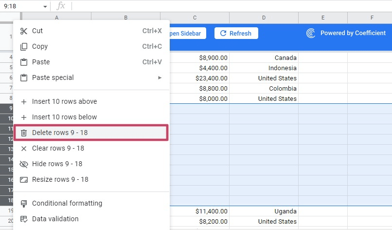 Delete rows in google sheets
