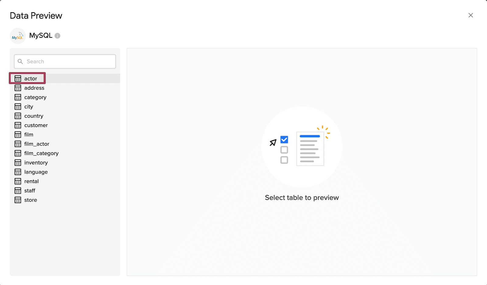 Preview MySQL tables google sheets