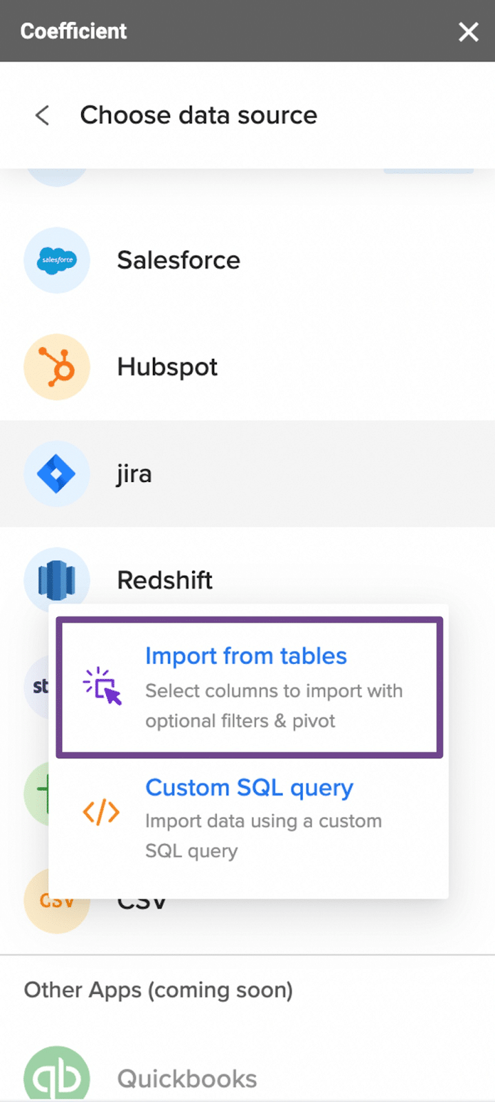 A screenshot of Coefficient importing Redshift data from database tables 