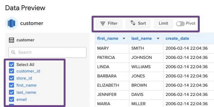 A screenshot of our data previewer - the Amazon Redshift data will automatically appear in your Google spreadsheet instantly