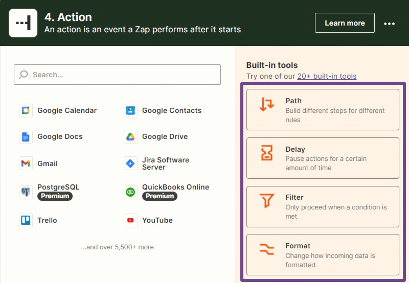 Built-in tools Zapier - path, delay, filter, format