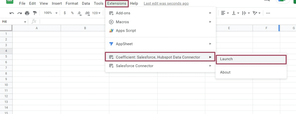Launch Google Sheets add-on Coefficient