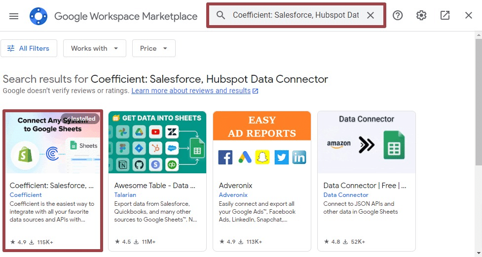 Coefficient Google Workspace Marketplace