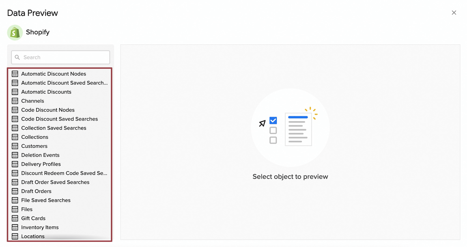 Data preview Shopify tables