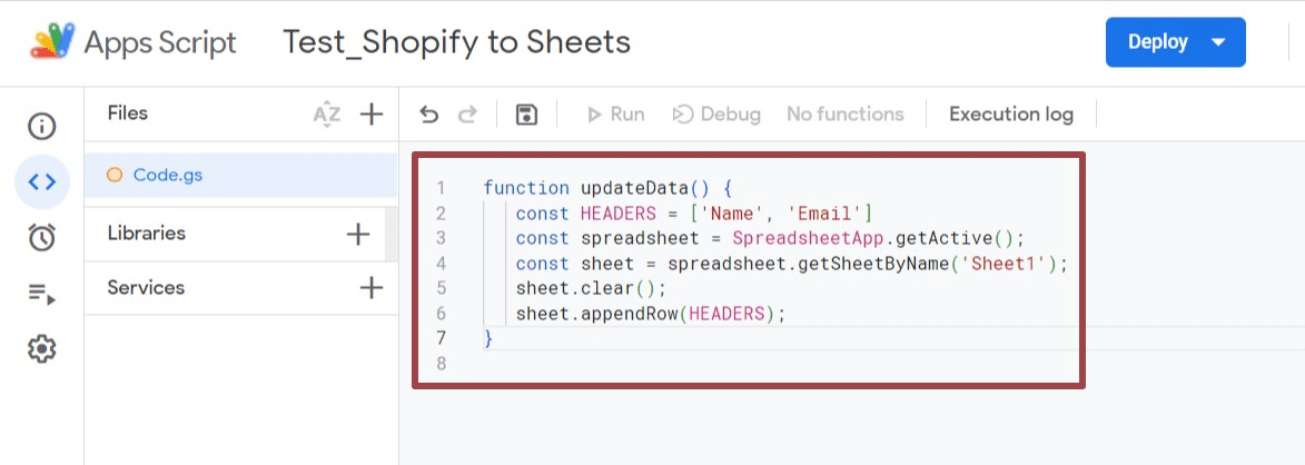 updatedata function Shopify
