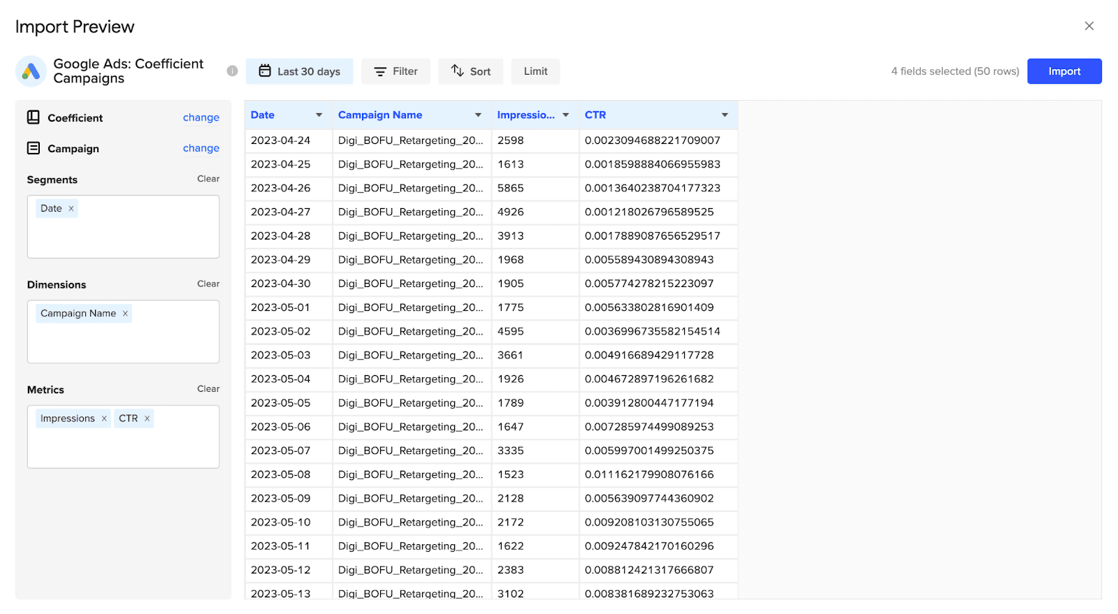 Data previewer spreadsheet Google Ads