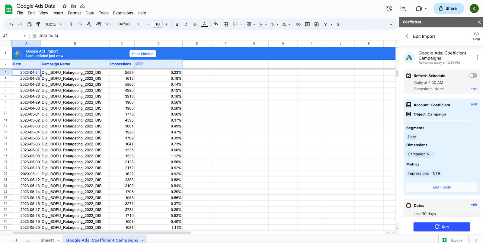 Import data into Google Sheets Google Ads 