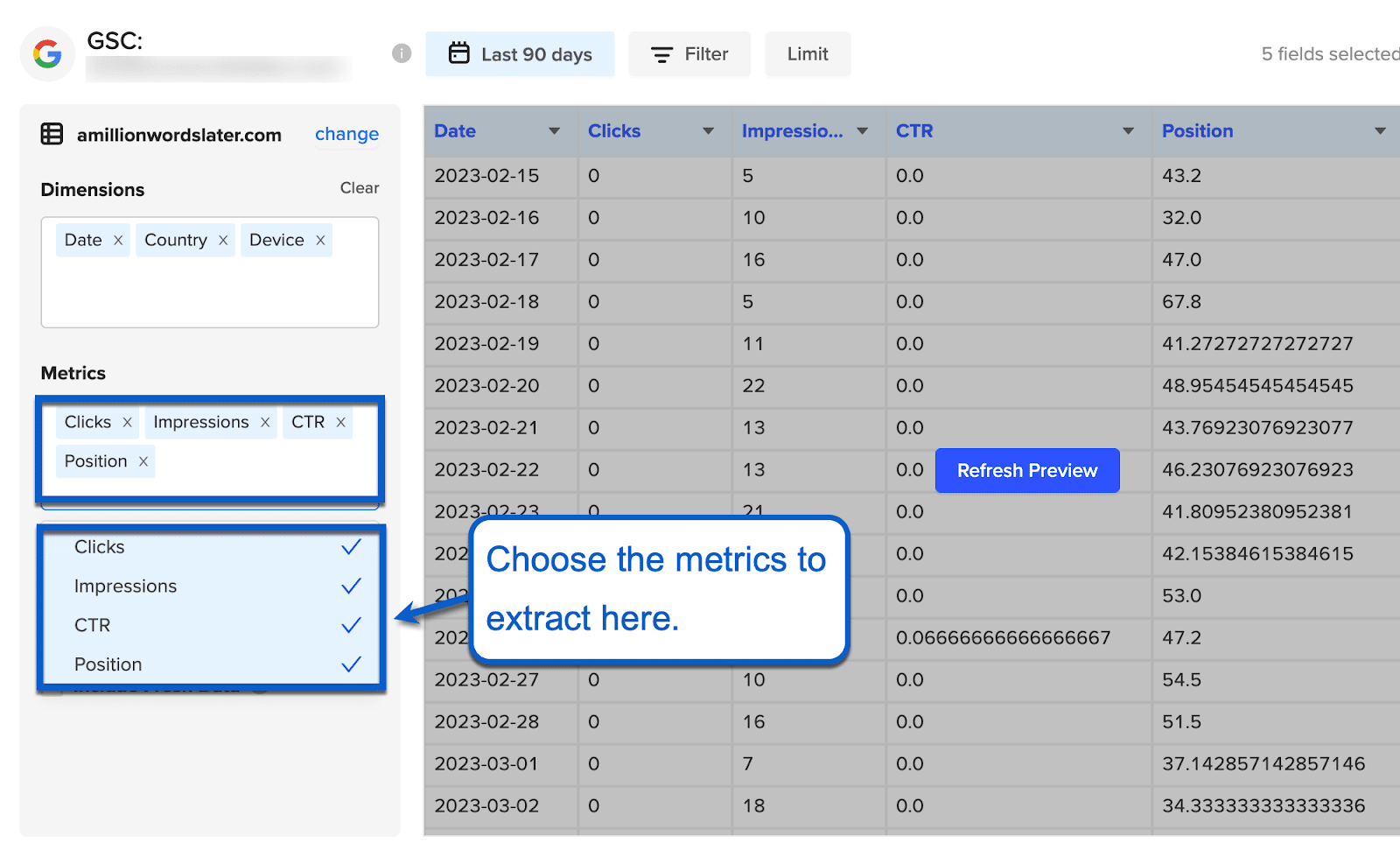 Coefficient lets you take clicks, impressions, CTR, and position from Google Search Console