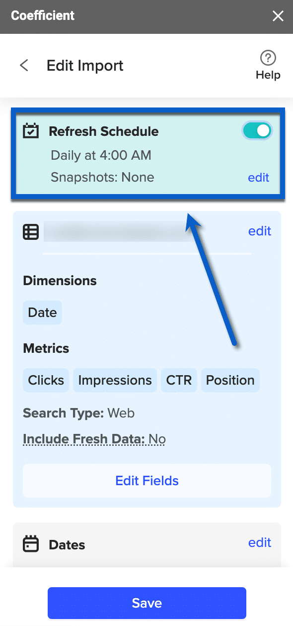 Activate the refresh schedule by opening the sidebar and enabling Refresh Schedule.