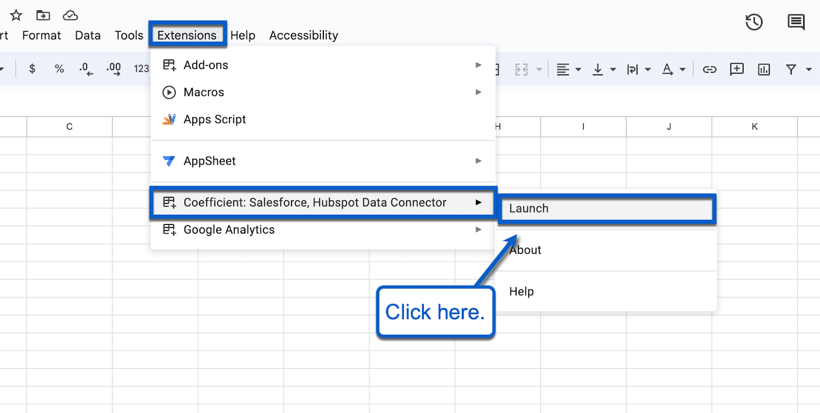 Launch the Coefficient extension to connect to Google Search Console