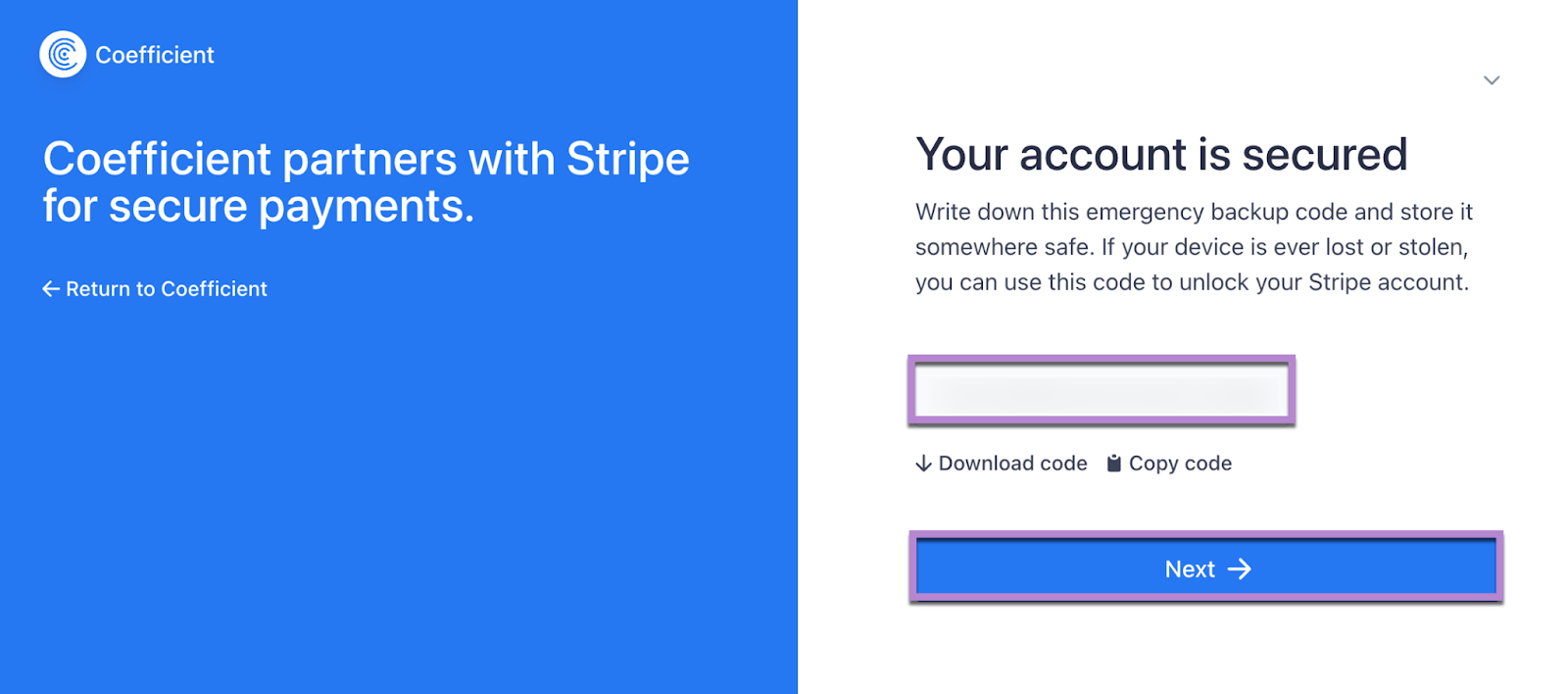 emergency backup code stripe
