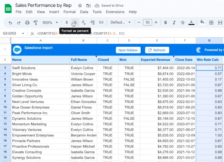 win rate google sheets calculation