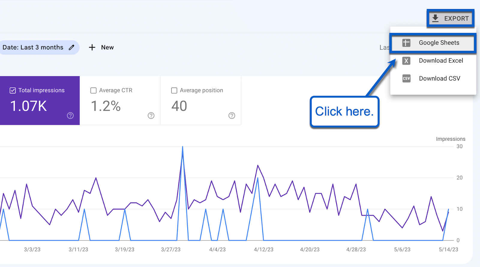 On the report page, click Export in the top-right corner. Select Google Sheets, and the data will be exported in a snap.