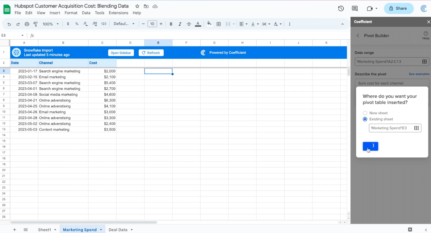 import the pivot into your existing sheet
