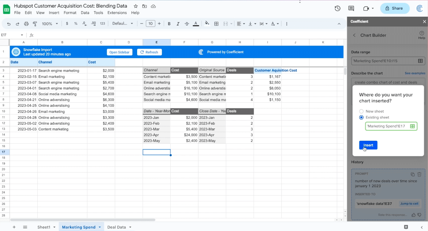 insert the chart into the existing spreadsheet