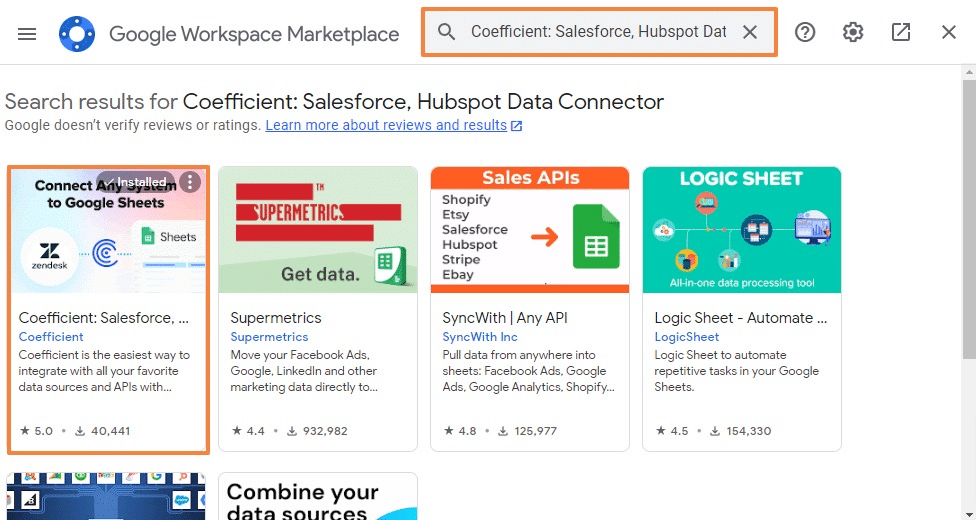 Installing Coefficient from Google Worskspace marketplace