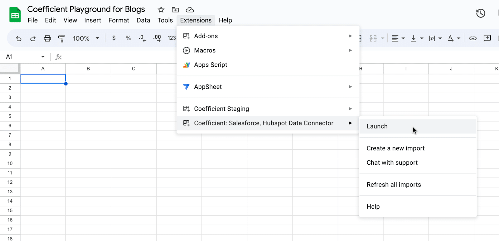 Launch coefficient from the extensions menu