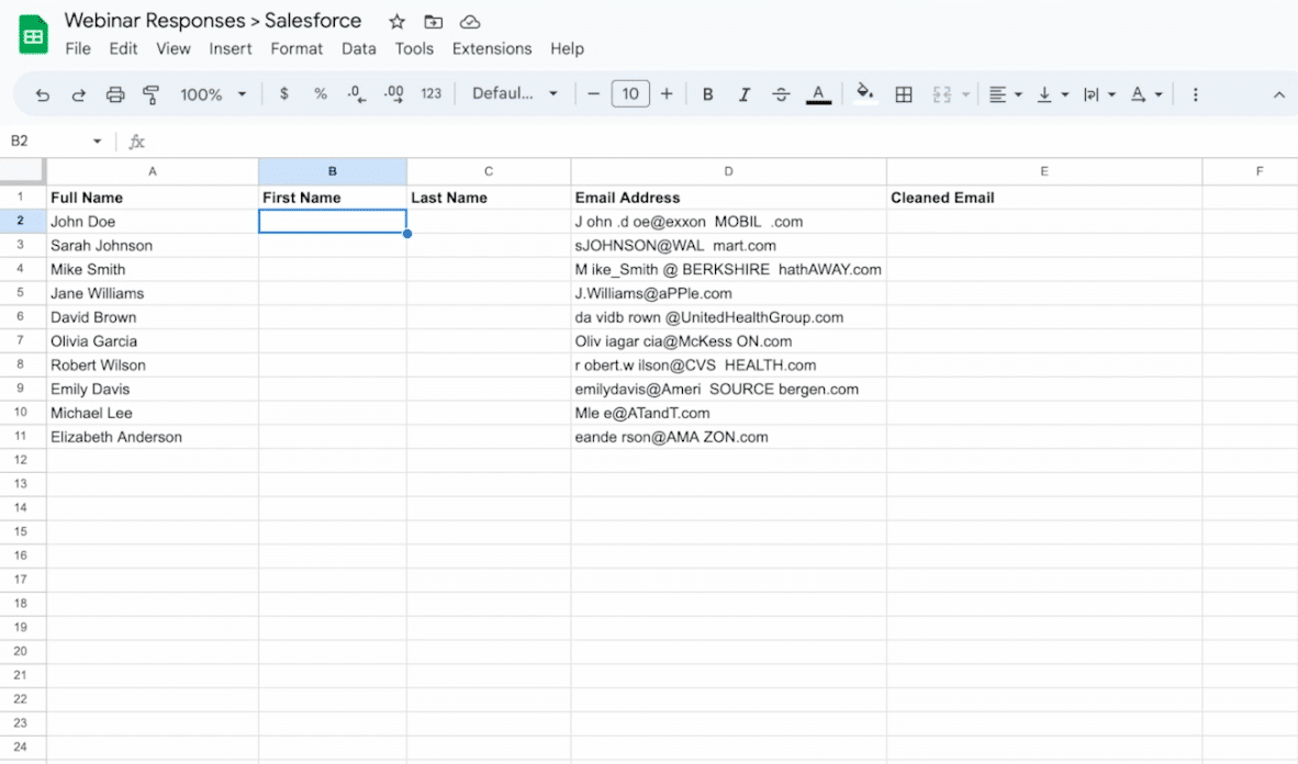 separate name into first and last and clean emails