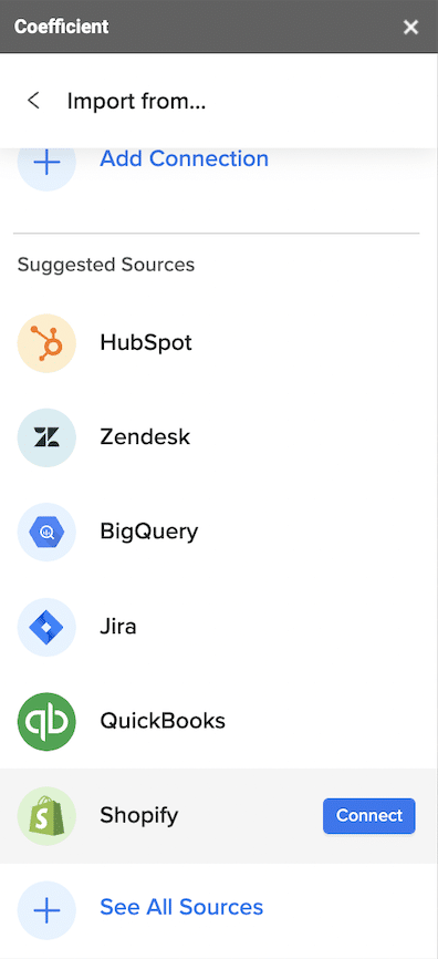 Choose Shopify to connect with Google Sheets