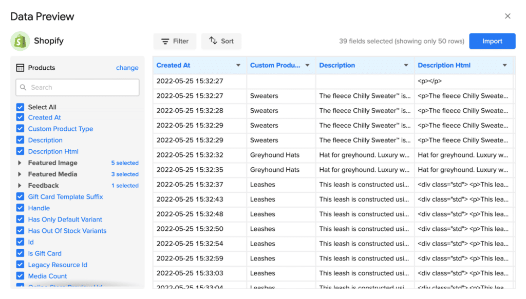 Shopify Data import preview in Google Sheets