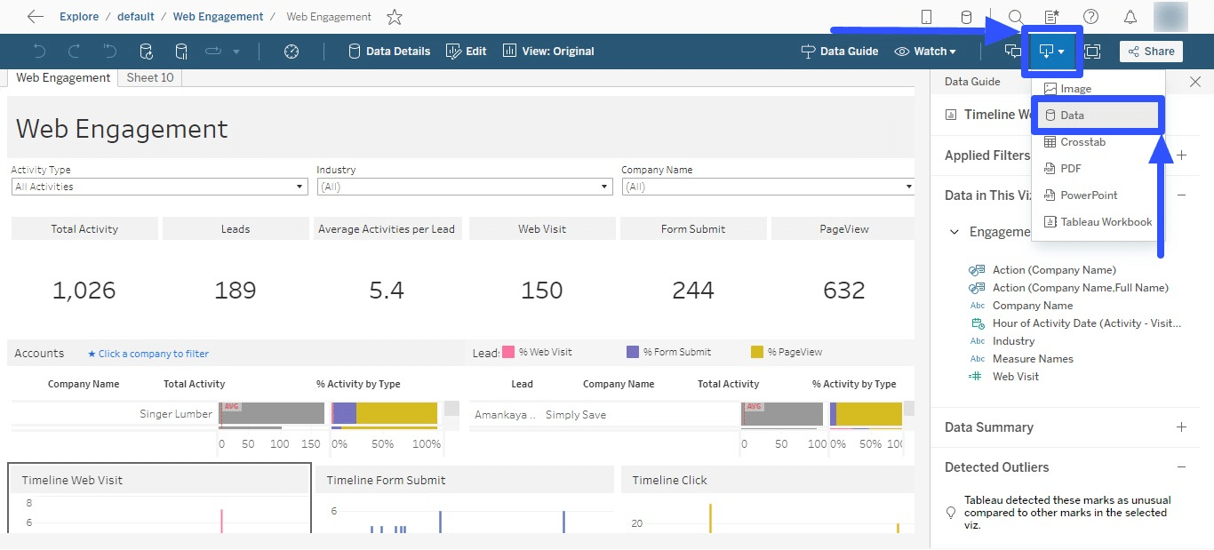 After publishing your view, click the download icon and select Data.