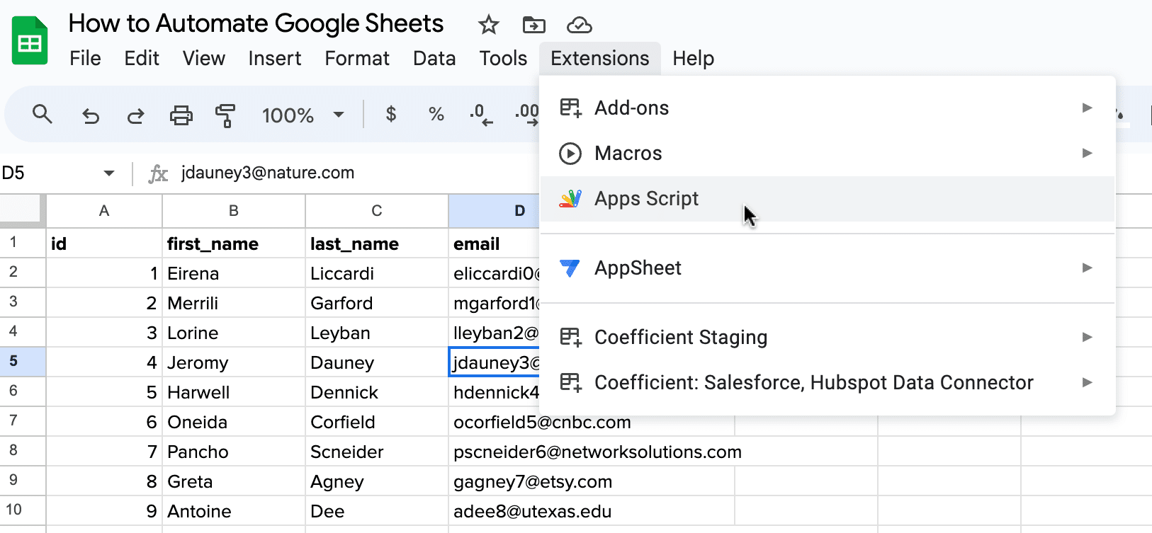 open apps script from the extensions menu